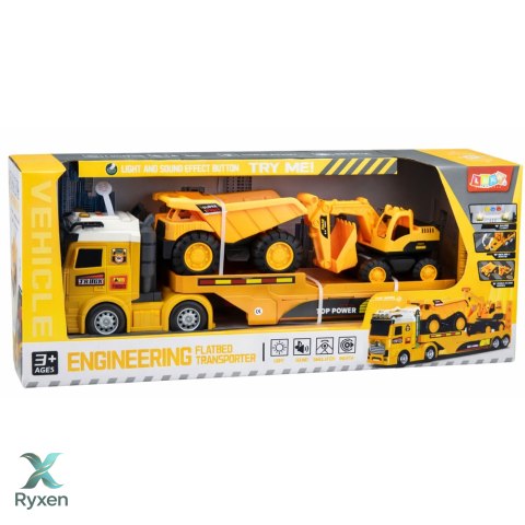 Zestaw Pojazdy Budowlane Ciężarówka Laweta Koparka Wywrotka Światła Dźwięk LEAN TOYS