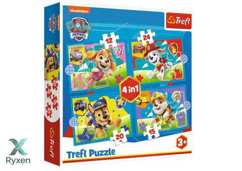 Puzzle - 4w1 (12, 15, 20, 24) - Biegnące Pieski - Psi Patrol - Trefl 34628 TREFL PUZZLE