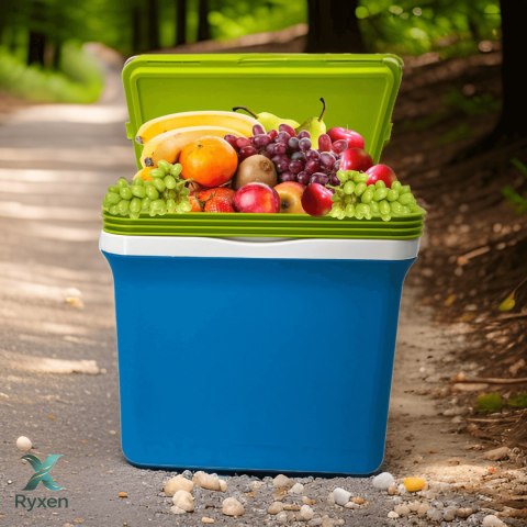Lodówka turystyczna 22,5L KAMAI FIESTA na wkłady mrożące, błękitna z zieloną pokrywą i uchwytem Giostyle