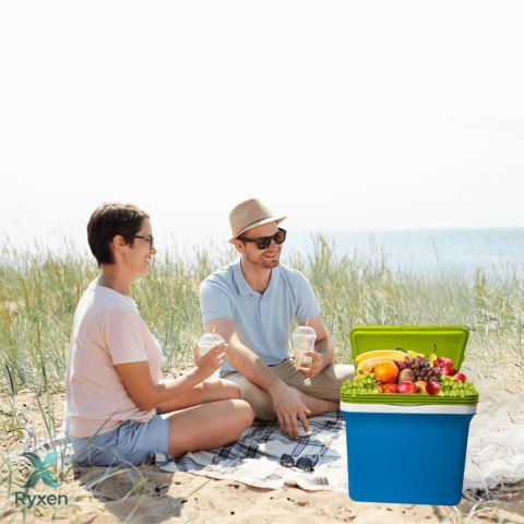 Lodówka turystyczna 22,5L KAMAI FIESTA na wkłady mrożące, błękitna z zieloną pokrywą i uchwytem Giostyle