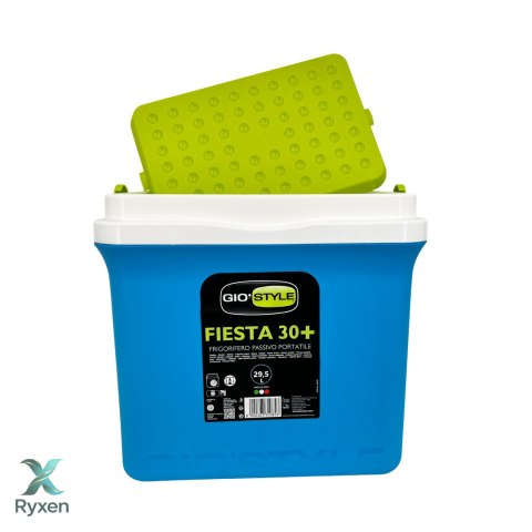 Lodówka turystyczna 29,5L KAMAI FIESTA na wkłady mrożące, błękitna z zieloną pokrywą i uchwytem Kamai Gio Style
