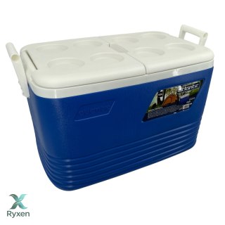 Lodówka turystyczna 60L Kamai Coolbox na wkłady mrożące, niebieska z miejscem na butelki na pokrywie Cegeco