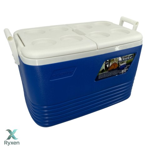 Lodówka turystyczna 60L Kamai Coolbox na wkłady mrożące, niebieska z miejscem na butelki na pokrywie Cegeco