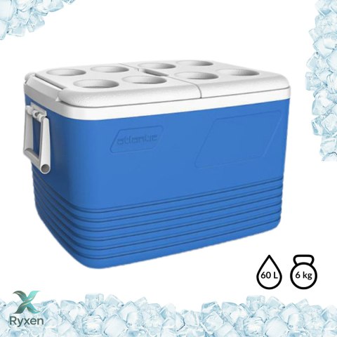 Lodówka turystyczna 60L Kamai Coolbox na wkłady mrożące, niebieska z miejscem na butelki na pokrywie Cegeco