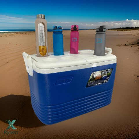 Lodówka turystyczna 60L Kamai Coolbox na wkłady mrożące, niebieska z miejscem na butelki na pokrywie Cegeco