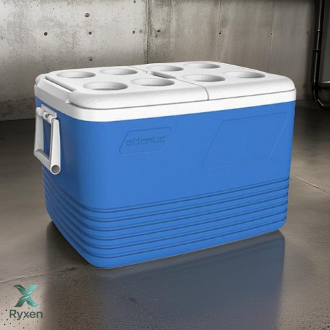 Lodówka turystyczna 60L Kamai Coolbox na wkłady mrożące, niebieska z miejscem na butelki na pokrywie Cegeco