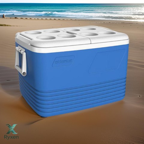 Lodówka turystyczna 60L Kamai Coolbox na wkłady mrożące, niebieska z miejscem na butelki na pokrywie Cegeco