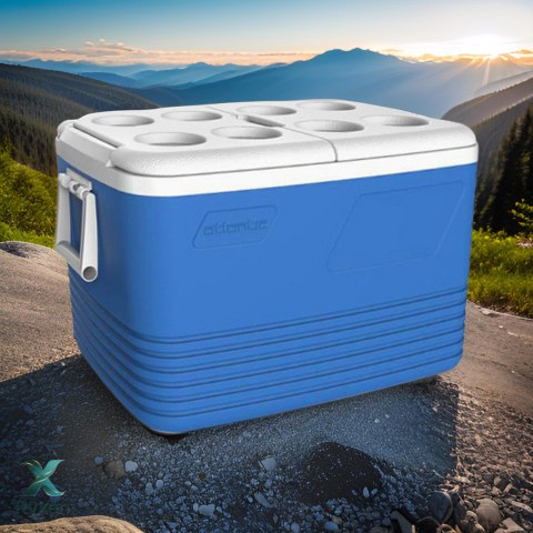 Lodówka turystyczna 60L Kamai Coolbox na wkłady mrożące, niebieska z miejscem na butelki na pokrywie Cegeco