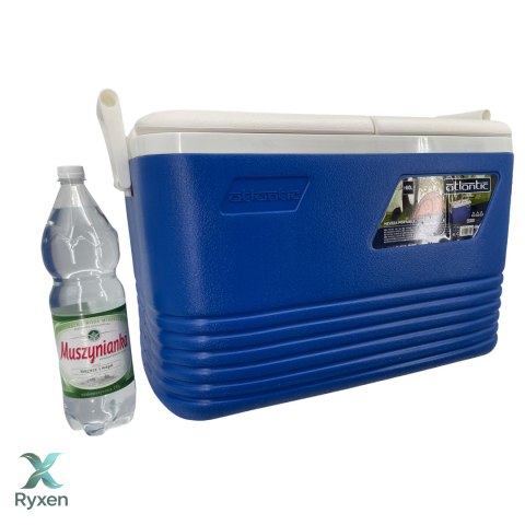 Lodówka turystyczna 60L Kamai Coolbox na wkłady mrożące, niebieska z miejscem na butelki na pokrywie Cegeco