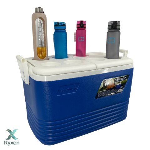 Lodówka turystyczna 60L Kamai Coolbox na wkłady mrożące, niebieska z miejscem na butelki na pokrywie Cegeco