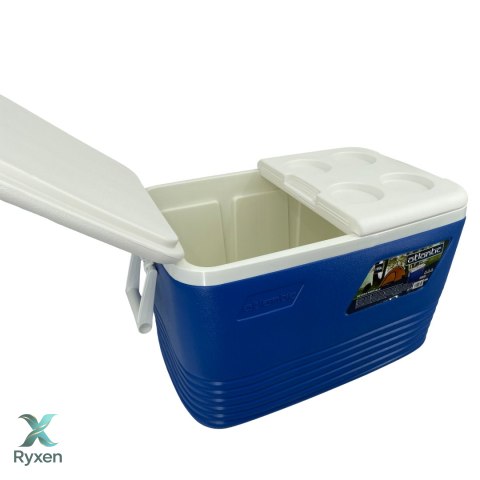 Lodówka turystyczna 60L Kamai Coolbox na wkłady mrożące, niebieska z miejscem na butelki na pokrywie Cegeco