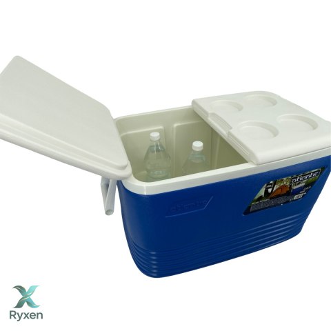 Lodówka turystyczna 60L Kamai Coolbox na wkłady mrożące, niebieska z miejscem na butelki na pokrywie Cegeco