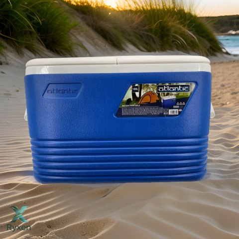 Lodówka turystyczna 60L Kamai Coolbox na wkłady mrożące, niebieska z miejscem na butelki na pokrywie Cegeco