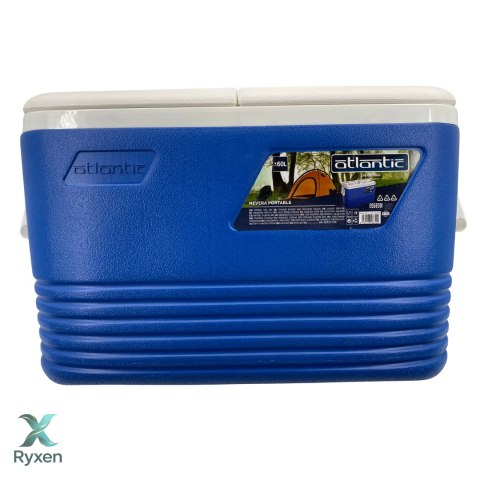 Lodówka turystyczna 60L Kamai Coolbox na wkłady mrożące, niebieska z miejscem na butelki na pokrywie Cegeco