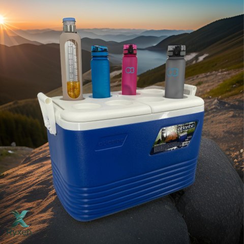 Lodówka turystyczna 60L Kamai Coolbox na wkłady mrożące, niebieska z miejscem na butelki na pokrywie Cegeco