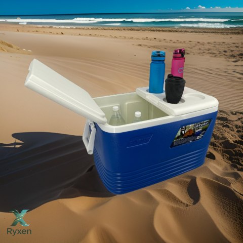 Lodówka turystyczna 60L Kamai Coolbox na wkłady mrożące, niebieska z miejscem na butelki na pokrywie Cegeco
