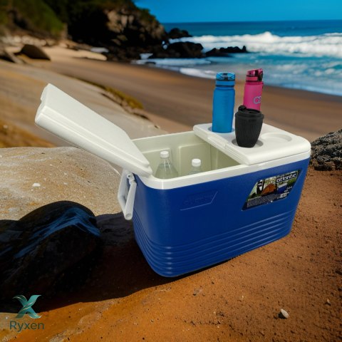 Lodówka turystyczna 60L Kamai Coolbox na wkłady mrożące, niebieska z miejscem na butelki na pokrywie Cegeco
