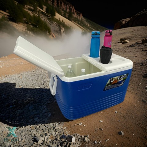 Lodówka turystyczna 60L Kamai Coolbox na wkłady mrożące, niebieska z miejscem na butelki na pokrywie Cegeco