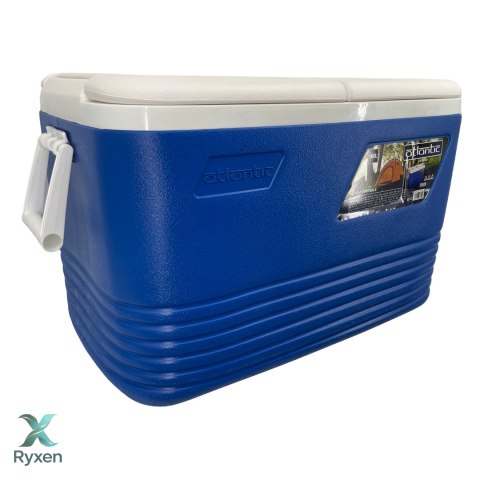 Lodówka turystyczna 60L Kamai Coolbox na wkłady mrożące, niebieska z miejscem na butelki na pokrywie Cegeco