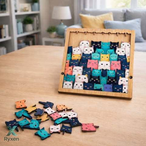 Drewniane Puzzle Kotki Układanka Edukacyjna Ramka Woreczek 62 el. LEAN TOYS