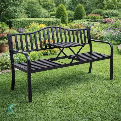 Ławka Ogrodowa Taras Ogród Park Metalowa Oparcie Stolik Czarna 150 cm LEAN