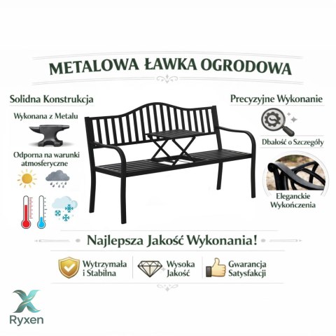 Ławka Ogrodowa Taras Ogród Park Metalowa Oparcie Stolik Czarna 150 cm LEAN