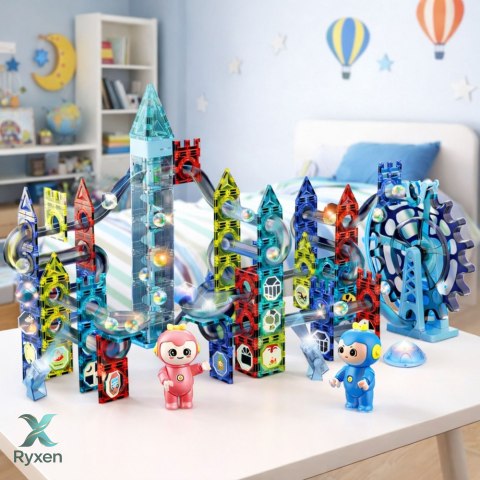 Zestaw Klocki Magnetyczne Tor Kulkowy Koło Młyńskie 118 el. LEAN TOYS