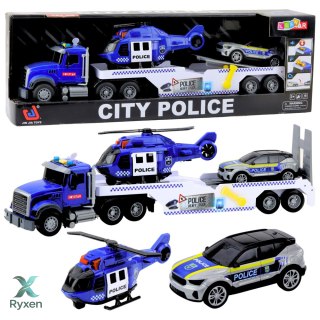 Zestaw Ciężarówka Policyjna Helikopter Auto Radiowóz Światła Dźwięki LEAN TOYS