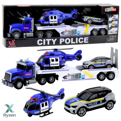 Zestaw Ciężarówka Policyjna Helikopter Auto Radiowóz Światła Dźwięki LEAN TOYS