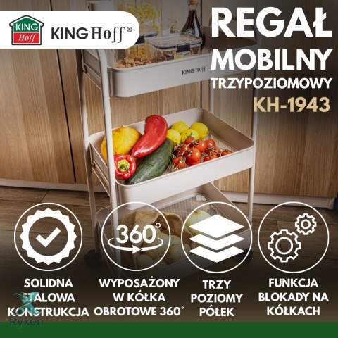 Regał mobilny trzy­poziomowy, beżowy, stalowy wózek z kółkami 360°, kinghoff, kh-1943 KINGHoff