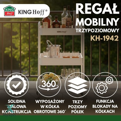 Regał mobilny trzy­poziomowy, biały, stalowy wózek z kółkami 360°, kinghoff, kh-1942 KINGHoff