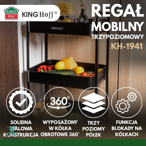 Regał mobilny trzy­poziomowy, czarny, stalowy wózek z kółkami 360°, kinghoff, kh-1941 KINGHoff