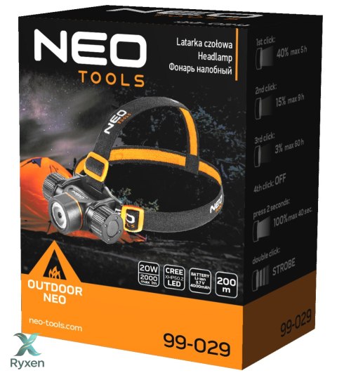Latarka czołowa akumulatorowo/bateryjna USB 2000 lm CREE XHP50.2 LED NEO TOOLS