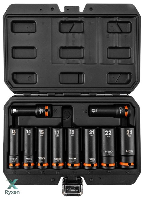 Nasadki udarowe 1/2", 10-24 mm, zestaw 10 szt., CrMo NEO TOOLS