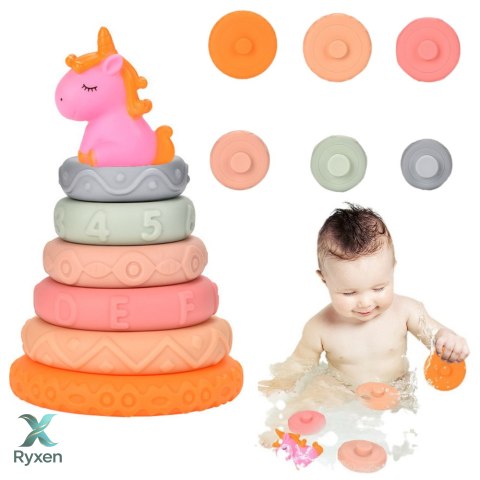 Piramidka Wieża Dla Malucha Gumowe Miękkie Klocki Jednorożec LEAN TOYS