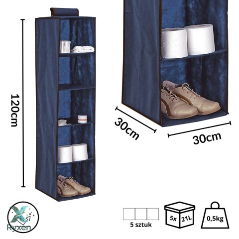 BLUE niebieski wiszący organizer do szafy 5 przegród 30X30X120cm Kamai Ordinett