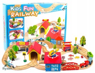 Zestaw Drewniany Tor Kolejka Miasteczko Autka Drzewa Budynki 69 el. LEAN TOYS