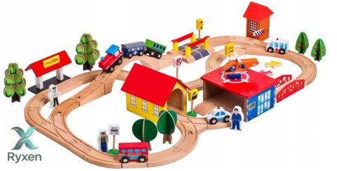 Zestaw Drewniany Tor Kolejka Miasteczko Autka Drzewa Budynki 69 el. LEAN TOYS