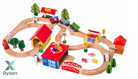 Zestaw Drewniany Tor Kolejka Miasteczko Autka Drzewa Budynki 69 el. LEAN TOYS