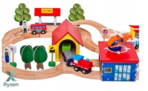 Zestaw Drewniany Tor Kolejka Miasteczko Autka Drzewa Budynki 69 el. LEAN TOYS