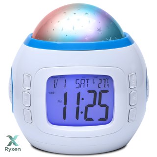 Budzik projektor gwiazd nieba zegar lampka nocna led 7w1 termometr melodie RTO