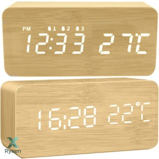 Budzik zegar termometr elektroniczny zegarek alarm - drewniany e291 RTO