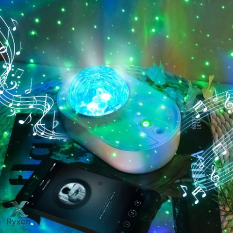 Lampka nocna projektor gwiazd nieba 2w1 obrotowa 3 dźwięki natury + pilot RTO
