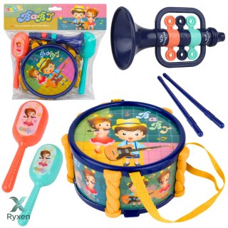 Zestaw Instrumenty Muzyczne Dla Dzieci Bębenek Trąbka Grzechotki Pałeczki LEAN TOYS