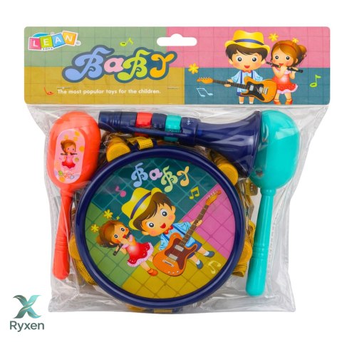 Zestaw Instrumenty Muzyczne Dla Dzieci Bębenek Trąbka Grzechotki Pałeczki LEAN TOYS