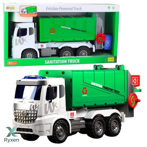 Duża Śmieciarka Funkcja Podnoszenia 2 Kosze Światła Dźwięki Zielona 1:10 LEAN TOYS