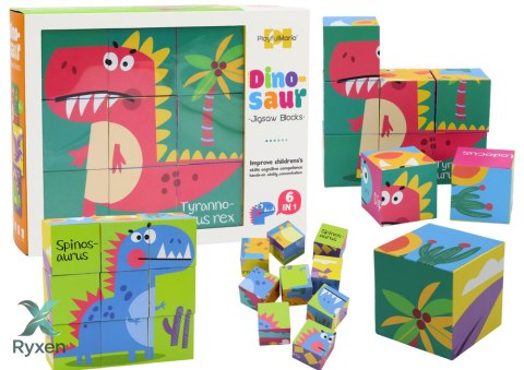 Edukacyjne Puzzle 6w1 Klocki Układanka Kostki 6 Obrazków Dinozaury 9 El. LEAN TOYS