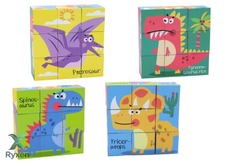 Edukacyjne Puzzle 6w1 Klocki Układanka Kostki 6 Obrazków Dinozaury 9 El. LEAN TOYS