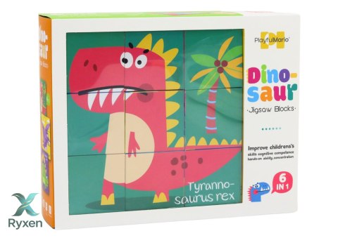 Edukacyjne Puzzle 6w1 Klocki Układanka Kostki 6 Obrazków Dinozaury 9 El. LEAN TOYS