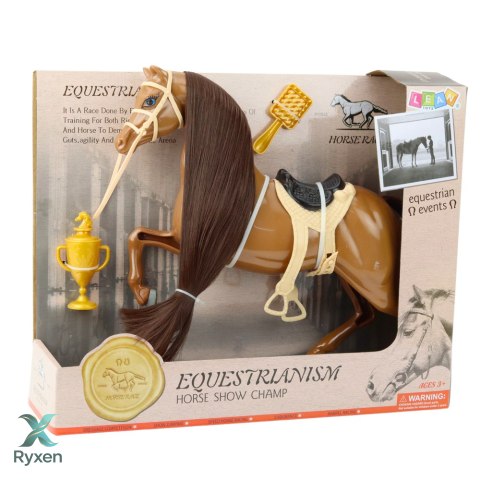Koń Z Długą Grzywą Siodło Puchar Szczotka Akcesoria Brązowy LEAN TOYS